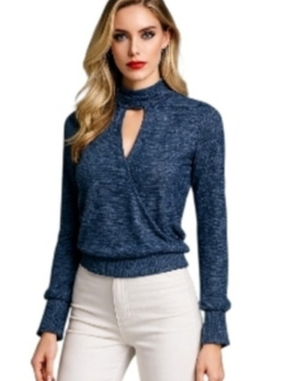 Encuentro Metallic Navy Keyhole Mock Neck Blouse – Long Sleeve Textured Top.
